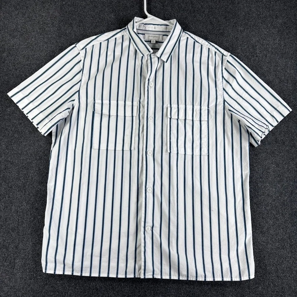 Banana Republic Mens Large Short Sleeve Button Down Striped Utility Shirt White